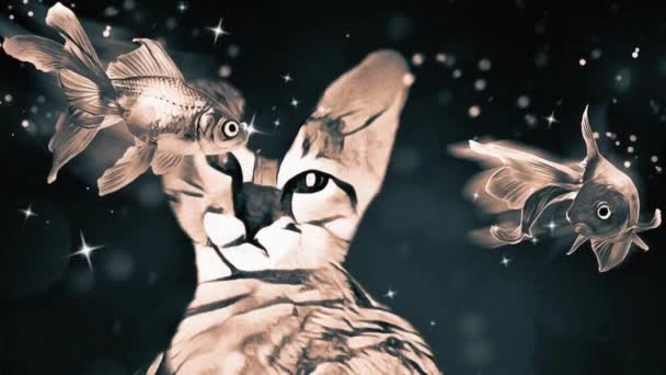 Cat Dreams. Animace vzplanutí plovoucích ryb a čoček — Stock video