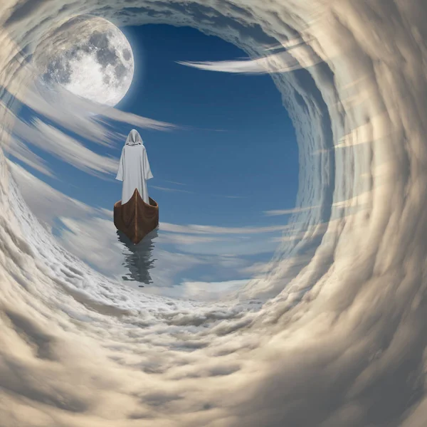 Postać w białej szacie pływającej do pełni księżyca w chmurach — Zdjęcie stockowe