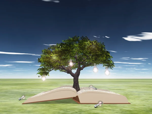 Open book with light bulb tree — Stock Photo, Image