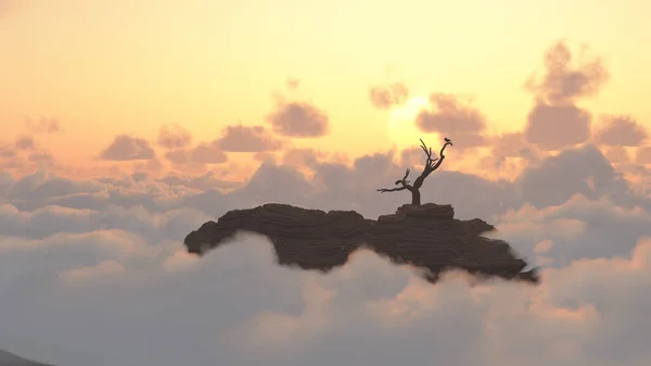 Montaña Sunrise. Pájaro en una rama seca — Foto de Stock