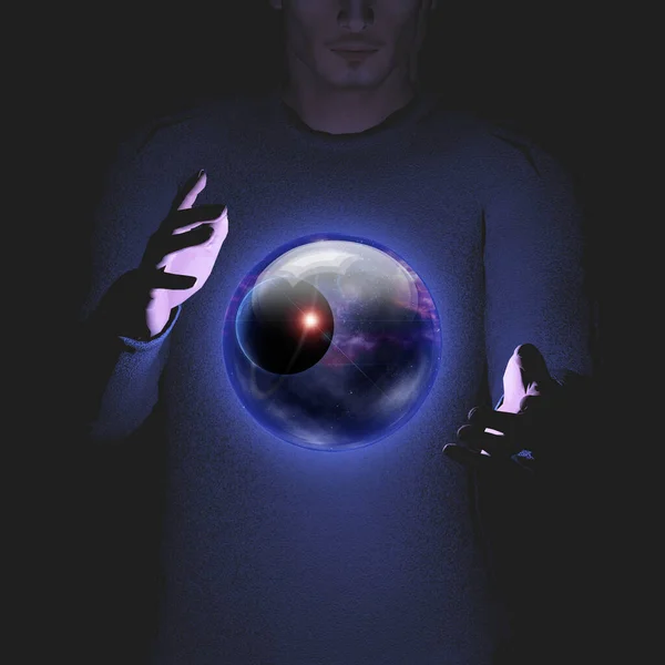 Man holds planet and space in sphere between his hands — Stock Photo, Image