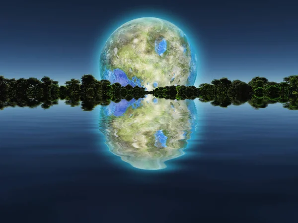 Terraformierter Mond über Wasserwelt — Stockfoto