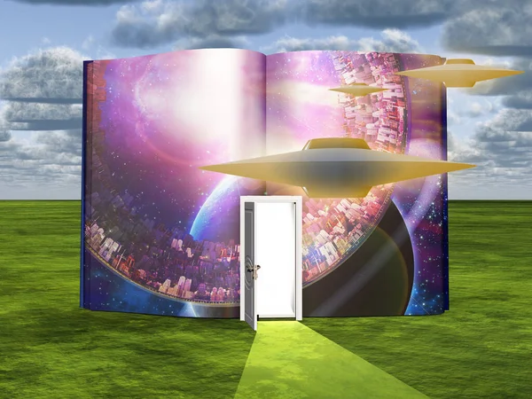 Book with opened door and flying saucers — Stock Photo, Image