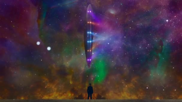 Mann beobachtet Ufo am Himmel — Stockvideo