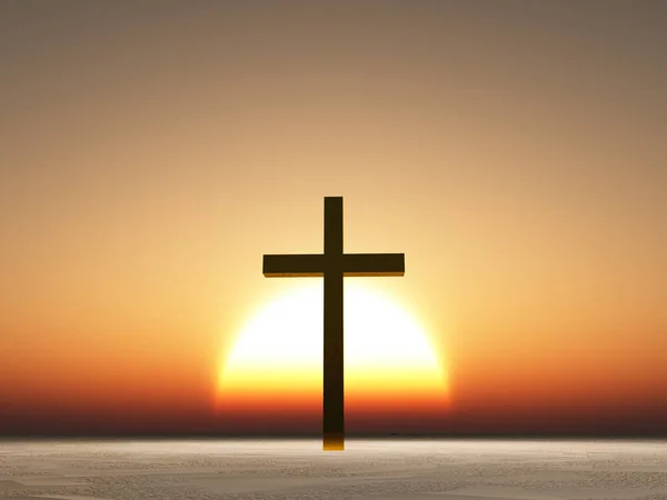 Sunset or sunrise with cross — Stock Photo, Image