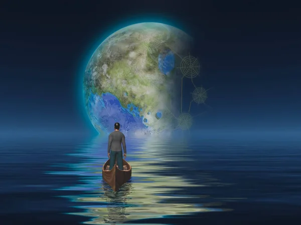 地球に対して水上でボートに乗っている男 — ストック写真