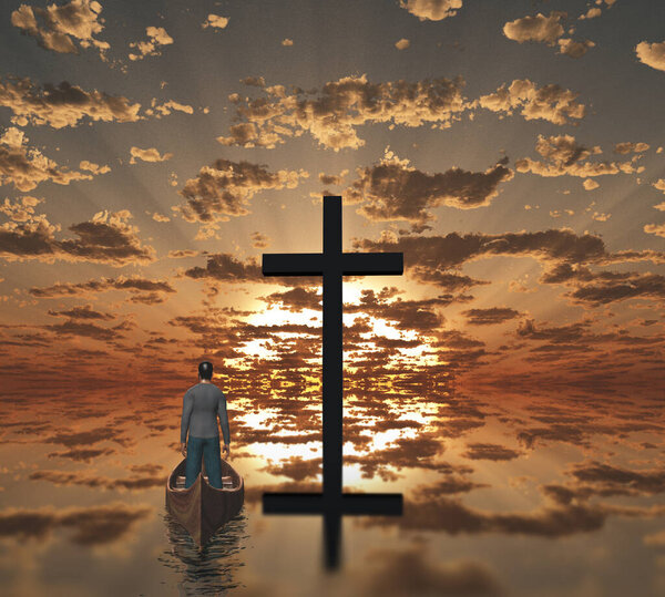 Man with boat near giant cross