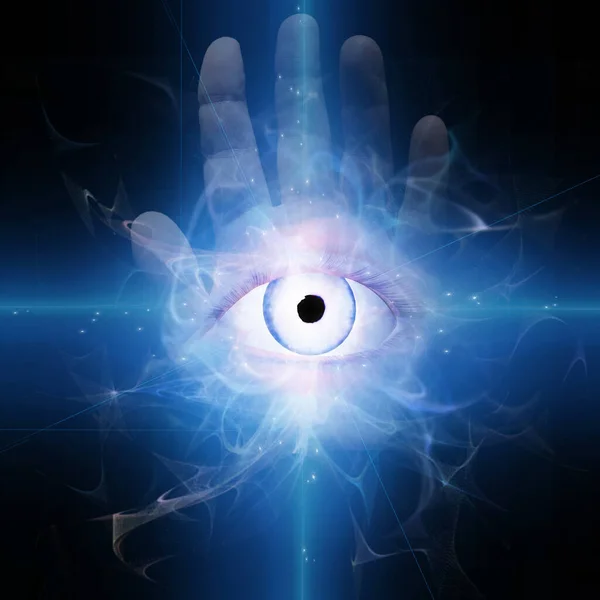 Eye with light on human palm — 图库照片