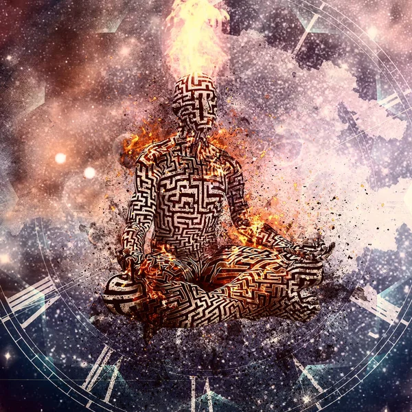 瞑想の炎。蓮のポーズの男 — ストック写真