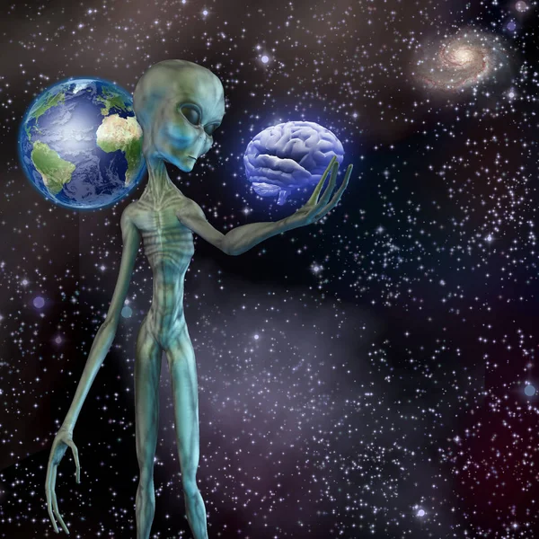 Alien ponders human brain — Stock Photo, Image
