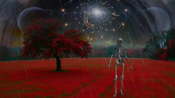 Esqueleto na paisagem surreal — Vídeo de Stock
