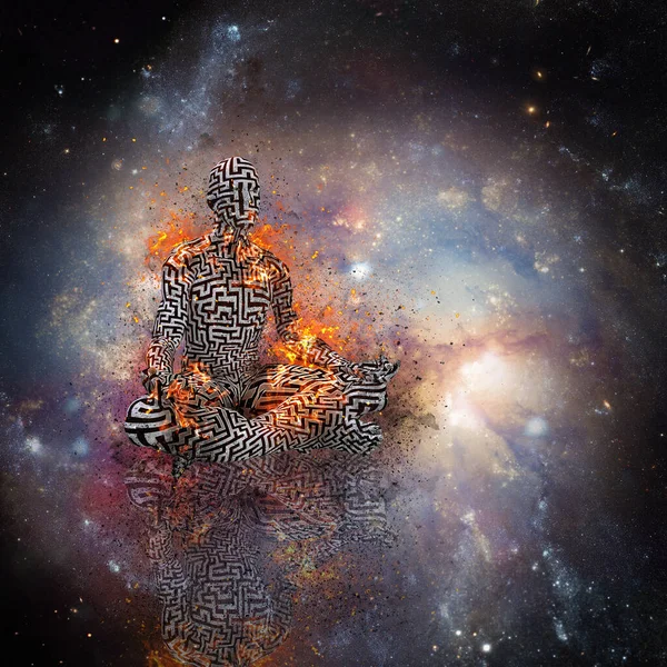 Hořící muž v lotosu pózuje meditovat v hlubokém vesmíru — Stock fotografie