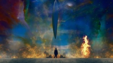 İnsan renkli gökyüzünde dev bir UFO görür.