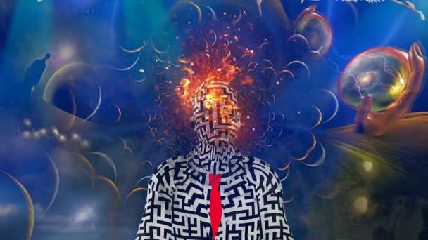 Fire head człowiek w surrealistycznej scenie — Wideo stockowe