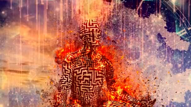 燃える男とともに迷路パターン瞑想でハスのポーズ — ストック動画