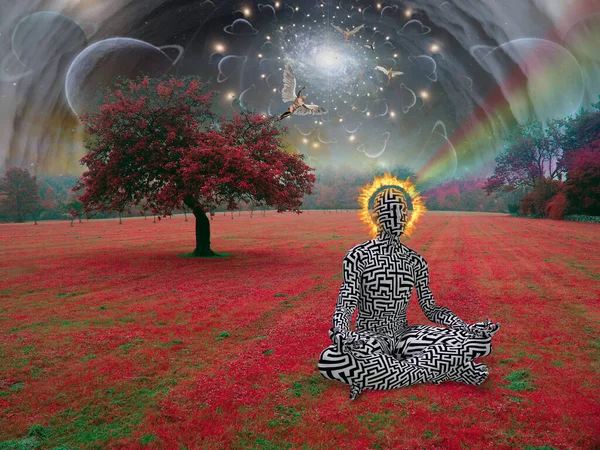 Медитация в сюрреалистическом пейзаже — стоковое фото