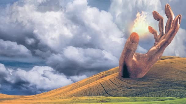 Ruka vysílá oheň v surrealistické scéně — Stock video