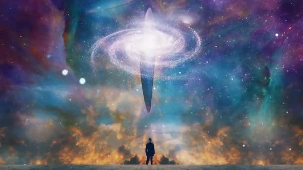 Ο άνθρωπος βλέπει γιγαντιαίο UFO στον πολύχρωμο ουρανό — Αρχείο Βίντεο