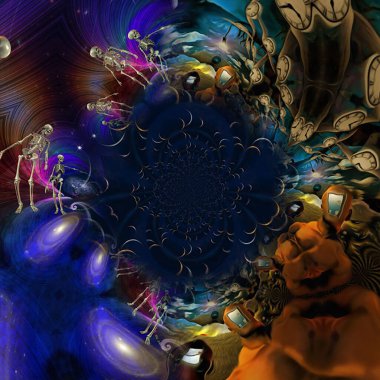 İskelet ve saatlerle soyut fraktal, 3 boyutlu oluşturma