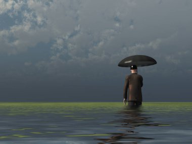 Siyah unbrella giyen adam. 3B görüntüleme