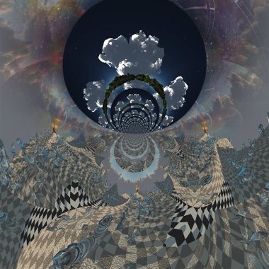 Gerçeküstü Satranç Tahtası Manzarası. Eski gemi. Soyut fraktal. 3B görüntüleme