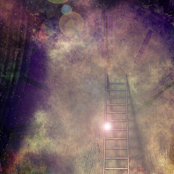 Grunge ladder leans against wall
