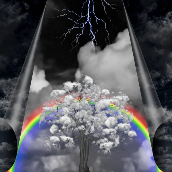 Tree Clouds Rainbow Rendering — Stock Photo, Image