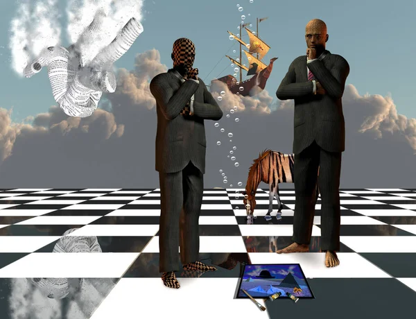 西装革履的男人在想象超现实的情景 3D渲染 — 图库照片