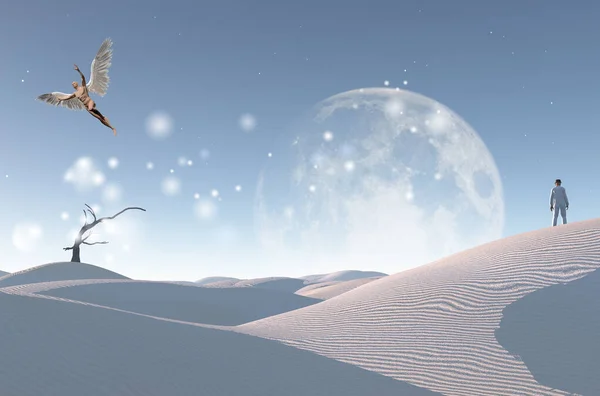 超现实的白色沙漠 有枯树 大月亮在地平线上 身穿白色西服 头戴圆顶礼帽的男子站在沙丘上 光着翅膀的男人代表天使 — 图库照片