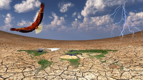 鹰在飞行 世界干旱土地图 — 图库照片