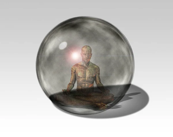 Futuristic Art Droid Meditates Crystal Sphere — Stock Photo, Image