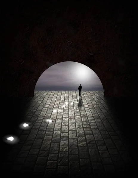 Man Light Bulbs Tunnel — Stock Photo, Image