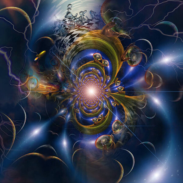 Multi Universe inside crystal spheres in giant's hands. 3D rendering