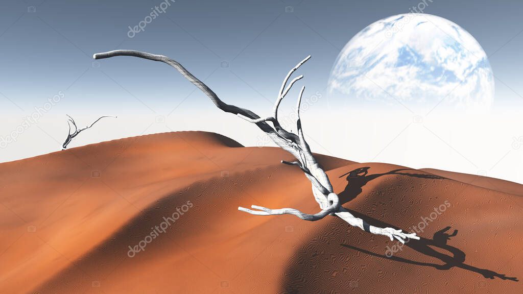 Red  Sand  Desert with Terraformed Moon or earth from terraformed moon or exoplanet