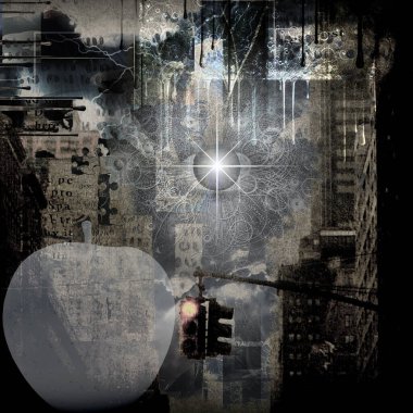 Beyaz elma. Modern şehir grunge sanatı. 3B görüntüleme