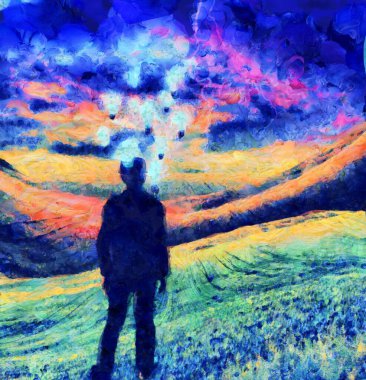 Gerçeküstü resim. Takım elbiseli adam sahada duruyor. Kafasının etrafındaki ampuller fikirleri temsil ediyor. 3B görüntüleme