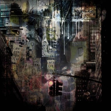 Gerçeküstü şehir kompozisyonu. Şehir merkezinde soyut unsurları olan sessiz renklerle. 3B görüntüleme