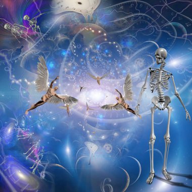 Sonsuz boşluklar. Zaman sarmalı ve meleklerle gerçeküstü kompozisyon. 3B görüntüleme