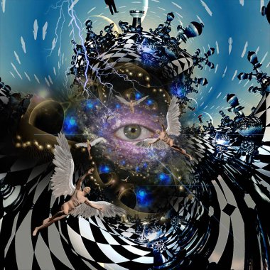 Melekler ve tüm gözler sonsuz boyutlarda. 3B görüntüleme