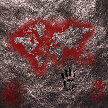 Dünya haritası ve avuç içi izleri. 3B görüntüleme