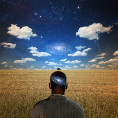 Aklında galaksi olan bir adam. 3B görüntüleme