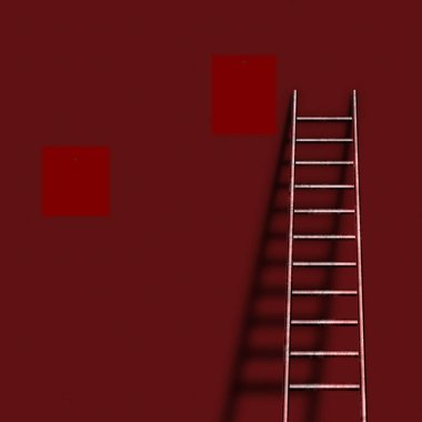 Merdiven kırmızı duvara doğru eğiliyor, 3D görüntüleme