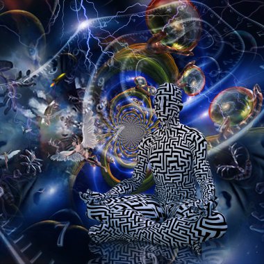 Lotus pozu veren adam. Canlı boşluk arkaplanı