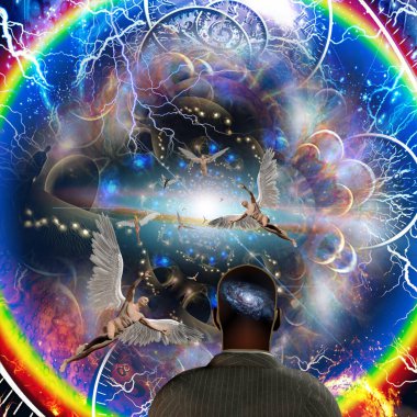 Surrealism and symbolism. Angels and man with galaxy inside his head. Warped space. 3D rendering clipart