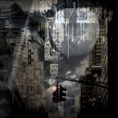 Beyaz elma. Modern şehir grunge sanatı. 3B görüntüleme