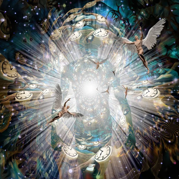 Человеческая Душа Ангелы Крылатые Часы Рендеринг — стоковое фото