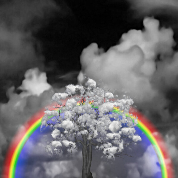 Surreal nature. Clouds tree and rainbow. 3D rendering