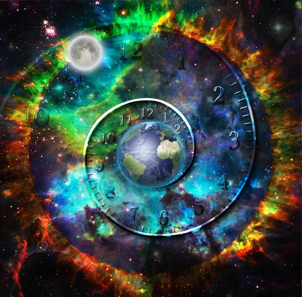 Planet Earth in fantasy space with time spiral. 3D rendering