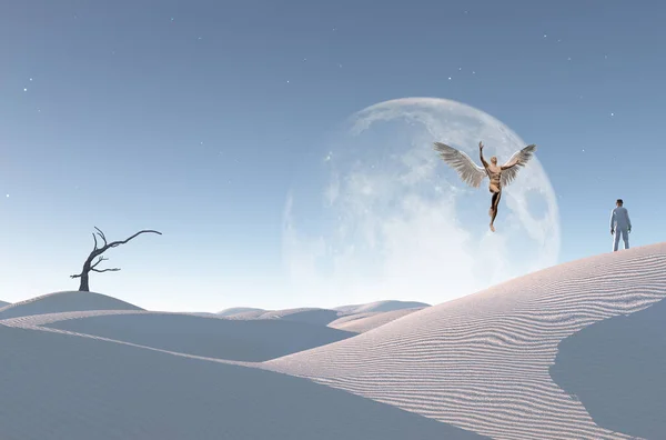 Surrealistische Witte Woestijn Met Droge Boom Grote Maan Aan Horizon — Stockfoto