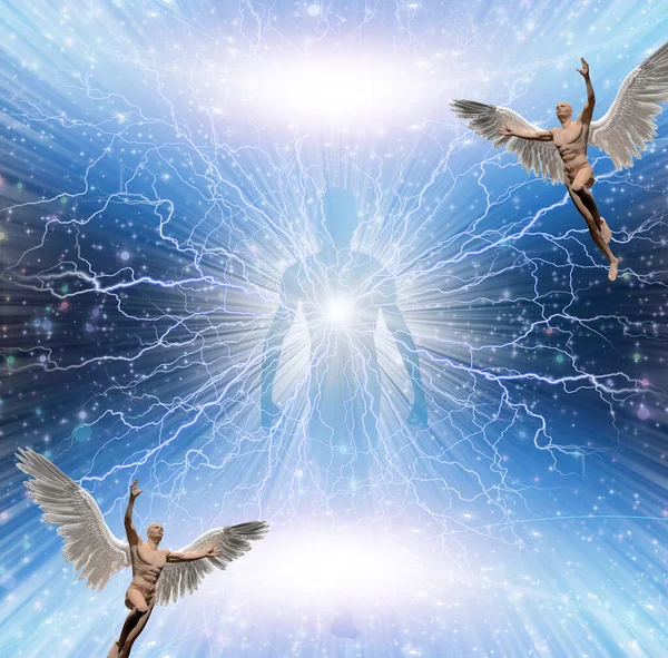 輝くオーラと光の光線 翼のある天使 3Dレンダリング — ストック写真